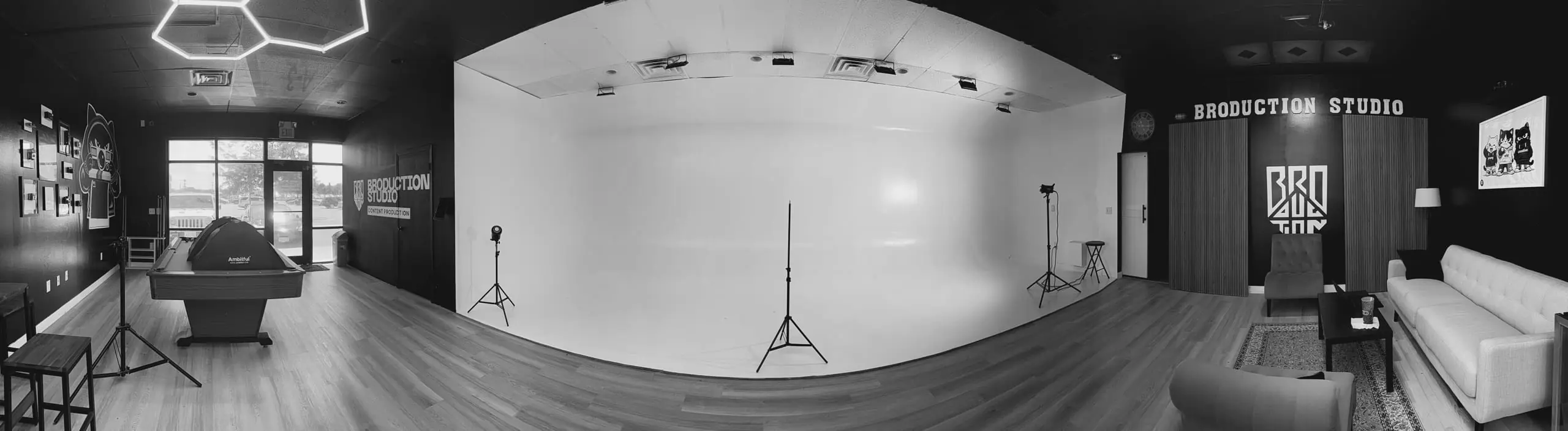 The Broduction Studio floor, with the cyc wall used for product photography